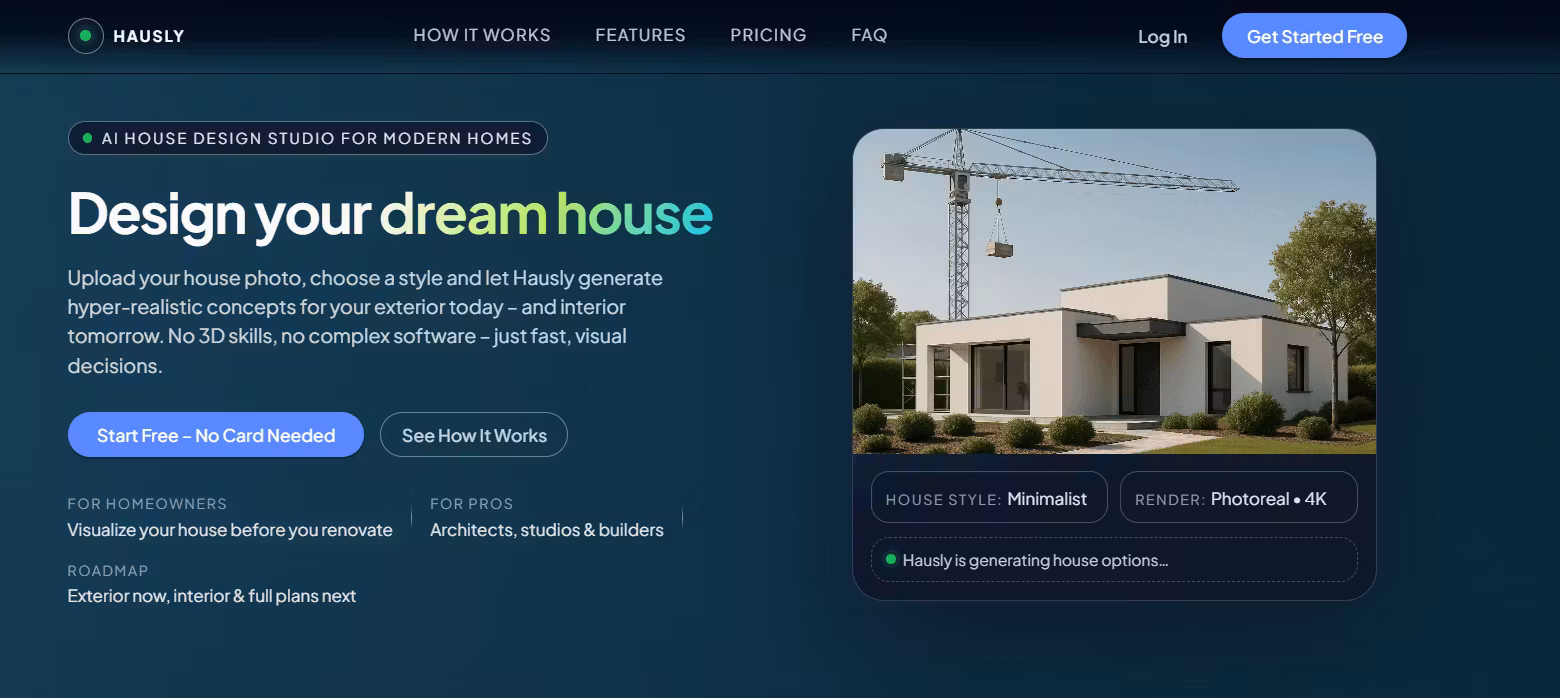 Hausly AI interface for generating house facade designs.