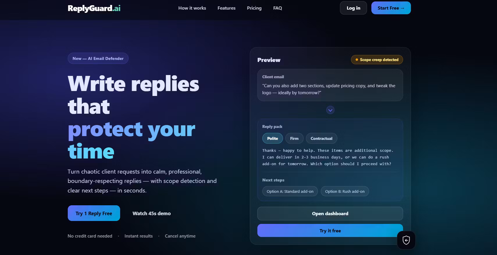 ReplyGuard dashboard showing AI-generated email replies.